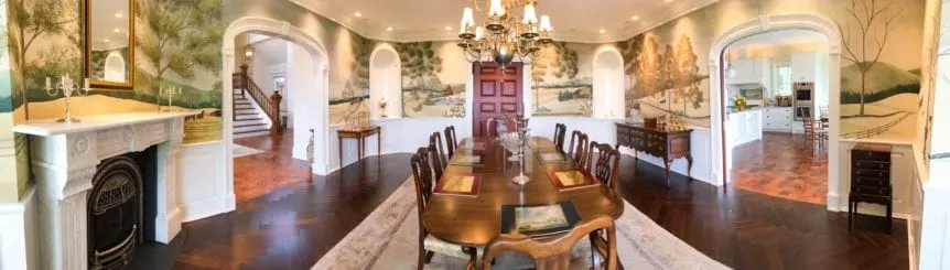 Luxury home: dining room panoramic view with mural