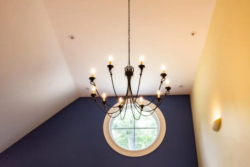 Luxury home: master bedroom chandelier and window